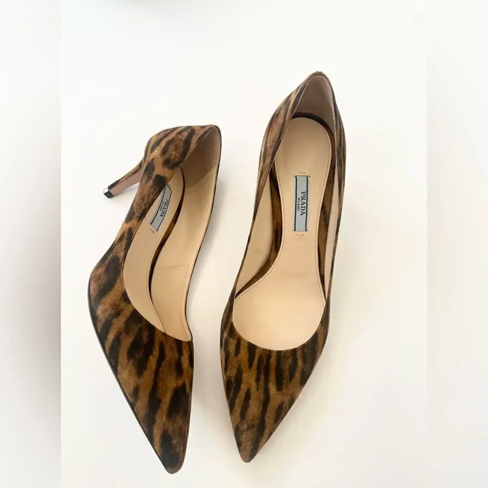 Prada Black Brown leather Calf Hair Leopard Print pointed toe pumps EU 39.5